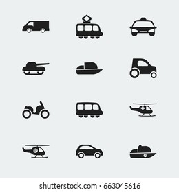 Set Of 12 Editable Transportation Icons. Includes Symbols Such As Hatchback, Yacht, Taxi And More. Can Be Used For Web, Mobile, UI And Infographic Design.