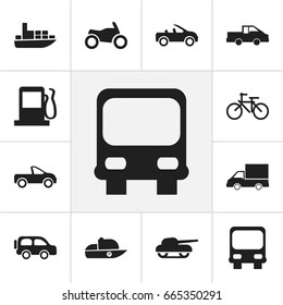 Set Of 12 Editable Transportation Icons. Includes Symbols Such As Travel Pickup, Ship, Fuel And More. Can Be Used For Web, Mobile, UI And Infographic Design.