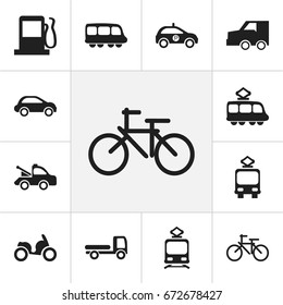 Set Of 12 Editable Transportation Icons. Includes Symbols Such As Motorbus, Tramcar, Auto And More. Can Be Used For Web, Mobile, UI And Infographic Design.