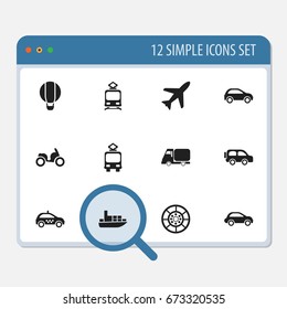 Set Of 12 Editable Transportation Icons. Includes Symbols Such As Airship, Cable Railway, Automobile And More. Can Be Used For Web, Mobile, UI And Infographic Design.