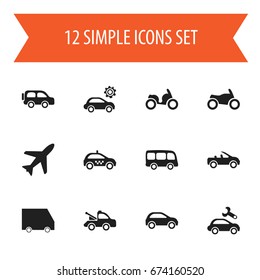 Set Of 12 Editable Transportation Icons. Includes Symbols Such As Motorbike, Moped, Tour Bus And More. Can Be Used For Web, Mobile, UI And Infographic Design.