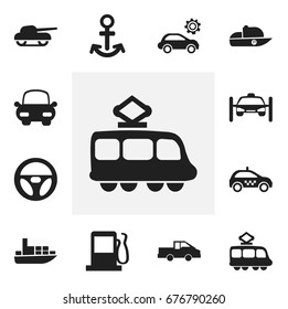 Set Of 12 Editable Transportation Icons. Includes Symbols Such As Fuel, Streetcar, Shipping And More. Can Be Used For Web, Mobile, UI And Infographic Design.