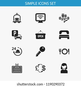 Set of 12 editable travel icons. Includes symbols such as bed, fitness, bag and more. Can be used for web, mobile, UI and infographic design.