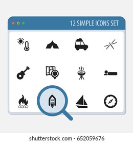 Set Of 12 Editable Travel Icons. Includes Symbols Such As Temperature, Musical Instrument, Navigation And More. Can Be Used For Web, Mobile, UI And Infographic Design.