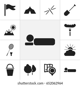 Set Of 12 Editable Travel Icons. Includes Symbols Such As Pennant, Bedroll, Position And More. Can Be Used For Web, Mobile, UI And Infographic Design.