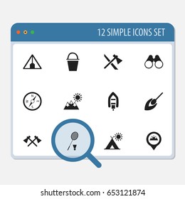 Set Of 12 Editable Travel Icons. Includes Symbols Such As Axe, Landscape, Field Glasses. Can Be Used For Web, Mobile, UI And Infographic Design.