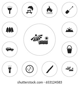 Set Of 12 Editable Travel Icons. Includes Symbols Such As Spade, Bench, Pail And More. Can Be Used For Web, Mobile, UI And Infographic Design.