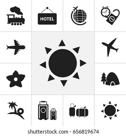 Set Of 12 Editable Travel Icons. Includes Symbols Such As Aircraft, Welcome Board, Solar And More. Can Be Used For Web, Mobile, UI And Infographic Design.