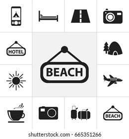 Set Of 12 Editable Travel Icons. Includes Symbols Such As Sun, Camera, Plage And More. Can Be Used For Web, Mobile, UI And Infographic Design.