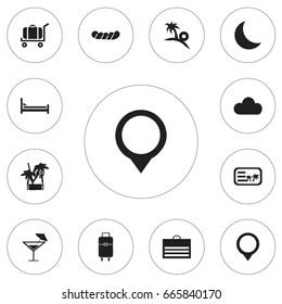 Set Of 12 Editable Travel Icons. Includes Symbols Such As Cocktail, Trading Purse, Pin And More. Can Be Used For Web, Mobile, UI And Infographic Design.