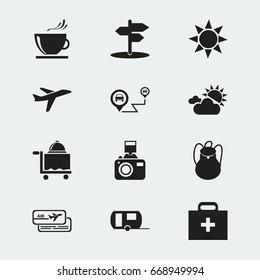 Set Of 12 Editable Travel Icons. Includes Symbols Such As Room Service, Insolation, Cloudy Day And More. Can Be Used For Web, Mobile, UI And Infographic Design.