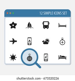 Set Of 12 Editable Travel Icons. Includes Symbols Such As Point, Omnibus, Solar And More. Can Be Used For Web, Mobile, UI And Infographic Design.