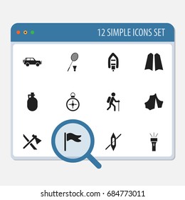 Set Of 12 Editable Travel Icons. Includes Symbols Such As Orientation, Racket, Pennant And More. Can Be Used For Web, Mobile, UI And Infographic Design.
