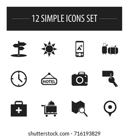 Set Of 12 Editable Travel Icons. Includes Symbols Such As Suitcases, Crossroad, Signboard And More. Can Be Used For Web, Mobile, UI And Infographic Design.