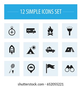 Set Of 12 Editable Trip Icons. Includes Symbols Such As Field Glasses, Location, Racket And More. Can Be Used For Web, Mobile, UI And Infographic Design.