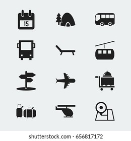 Set Of 12 Editable Trip Icons. Includes Symbols Such As Cableway, Omnibus, Date Block And More. Can Be Used For Web, Mobile, UI And Infographic Design.