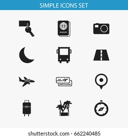 Set Of 12 Editable Trip Icons. Includes Symbols Such As Cold Drink, Omnibus, Camera And More. Can Be Used For Web, Mobile, UI And Infographic Design.