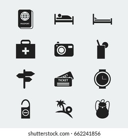 Set Of 12 Editable Trip Icons. Includes Symbols Such As Coupon, Photography, Do Not Disturb And More. Can Be Used For Web, Mobile, UI And Infographic Design.