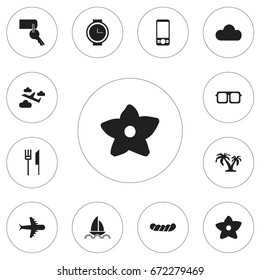Set Of 12 Editable Trip Icons. Includes Symbols Such As Tree, Eyeglasses, Entrance And More. Can Be Used For Web, Mobile, UI And Infographic Design.