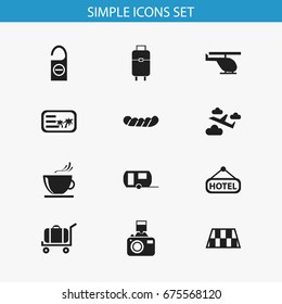 Set Of 12 Editable Trip Icons. Includes Symbols Such As Invitation, Cup, Caravan And More. Can Be Used For Web, Mobile, UI And Infographic Design.