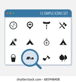 Set Of 12 Editable Trip Icons. Includes Symbols Such As Forest, Pail, Axe And More. Can Be Used For Web, Mobile, UI And Infographic Design.