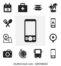 Set Of 12 Editable Trip Icons. Includes Symbols Such As Photo Cam, Navigation, Mobile Phone And More. Can Be Used For Web, Mobile, UI And Infographic Design.