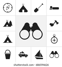 Set Of 12 Editable Trip Icons. Includes Symbols Such As Sanctuary, Hatchet, Direction And More. Can Be Used For Web, Mobile, UI And Infographic Design.