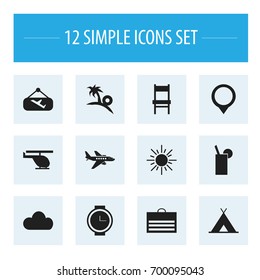 Set Of 12 Editable Trip Icons. Includes Symbols Such As Flight Signboard, Overcast, Trading Purse And More. Can Be Used For Web, Mobile, UI And Infographic Design.