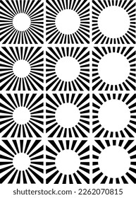 Conjunto de 12 vigas de sol vectoriales editables con centro de círculo negativo. 12 Variaciones diferentes para uso de diseño. Blanco y negro. Uso para afiches, logotipos, plantillas, promoción de marca, medios sociales.