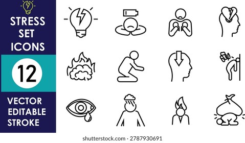 A set of 12 editable vector stroke linear icons representing mental stress, depression, anxiety, burnout, emotional breakdown, and psychology concepts