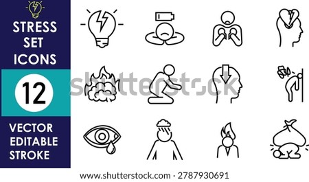 A set of 12 editable vector stroke linear icons representing mental stress, depression, anxiety, burnout, emotional breakdown, and psychology concepts