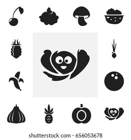 Set Of 12 Editable Vegetable Icons. Includes Symbols Such As Ananas, Banana, Raspberry And More. Can Be Used For Web, Mobile, UI And Infographic Design.