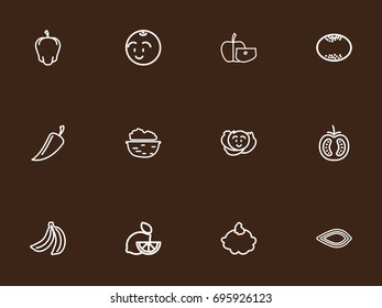 Set Of 12 Editable Vegetable Outline Icons. Includes Symbols Such As Apple Slice, Cole, Lemon And More. Can Be Used For Web, Mobile, UI And Infographic Design.