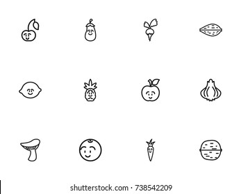 Set Of 12 Editable Vegetable Outline Icons. Includes Symbols Such As Laughing Cherry, Aubergine, Walnut And More. Can Be Used For Web, Mobile, UI And Infographic Design.