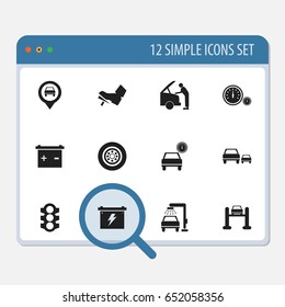 Set Of 12 Editable Vehicle Icons. Includes Symbols Such As Pointer, Speedometer, Accumulator And More. Can Be Used For Web, Mobile, UI And Infographic Design.