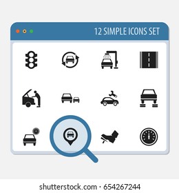 Set Of 12 Editable Vehicle Icons. Includes Symbols Such As Vehicle Wash, Car Fixing, Automotive Fix And More. Can Be Used For Web, Mobile, UI And Infographic Design.