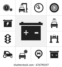 Set Of 12 Editable Vehicle Icons. Includes Symbols Such As Car, Accumulator, Stoplight And More. Can Be Used For Web, Mobile, UI And Infographic Design.