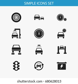 Set Of 12 Editable Vehicle Icons. Includes Symbols Such As Vehicle Wash, Service, Race And More. Can Be Used For Web, Mobile, UI And Infographic Design.