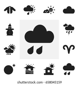 Set Of 12 Editable Weather Icons. Includes Symbols Such As Coat, Electricity, Summer Rain And More. Can Be Used For Web, Mobile, UI And Infographic Design.