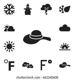 Set Of 12 Editable Weather Icons. Includes Symbols Such As Cloudy, Fahrenheit, Thunderstorm And More. Can Be Used For Web, Mobile, UI And Infographic Design.