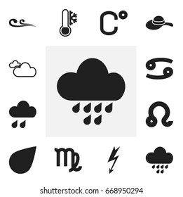 Set Of 12 Editable Weather Icons. Includes Symbols Such As Rainstorm, Drip, Cloudy Sky And More. Can Be Used For Web, Mobile, UI And Infographic Design.