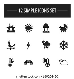 Set Of 12 Editable Weather Icons. Includes Symbols Such As Stormy, Tornado, Thunder And More. Can Be Used For Web, Mobile, UI And Infographic Design.