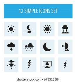 Set Of 12 Editable Weather Icons. Includes Symbols Such As Stormy, Evaporation Condensation, Night And More. Can Be Used For Web, Mobile, UI And Infographic Design.