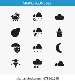 Set Of 12 Editable Weather Icons. Includes Symbols Such As Tornado, Precipitation, Hail And More. Can Be Used For Web, Mobile, UI And Infographic Design.