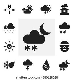 Set Of 12 Editable Weather Icons. Includes Symbols Such As Clouded Sunshine, Wind Direction, Frosty And More. Can Be Used For Web, Mobile, UI And Infographic Design.