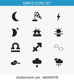 Set Of 12 Editable Weather Icons. Includes Symbols Such As Shelter, Crescent, Mist And More. Can Be Used For Web, Mobile, UI And Infographic Design.