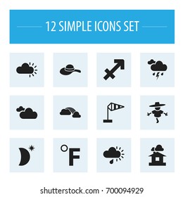 Set Of 12 Editable Weather Icons. Includes Symbols Such As Clouded, Drizzle, Temperature Scale And More. Can Be Used For Web, Mobile, UI And Infographic Design.