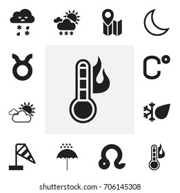 Set Of 12 Editable Weather Icons. Includes Symbols Such As Temperature, Bull, Winter Parasol And More. Can Be Used For Web, Mobile, UI And Infographic Design.
