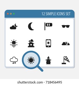 Set Of 12 Editable Weather Icons. Includes Symbols Such As Domicile, Eyeglasses, Cloudy Day And More. Can Be Used For Web, Mobile, UI And Infographic Design.
