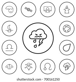 Set Of 12 Editable Weather Outline Icons. Includes Symbols Such As Cloud On The Screen, Happy Man, Coat And More. Can Be Used For Web, Mobile, UI And Infographic Design.